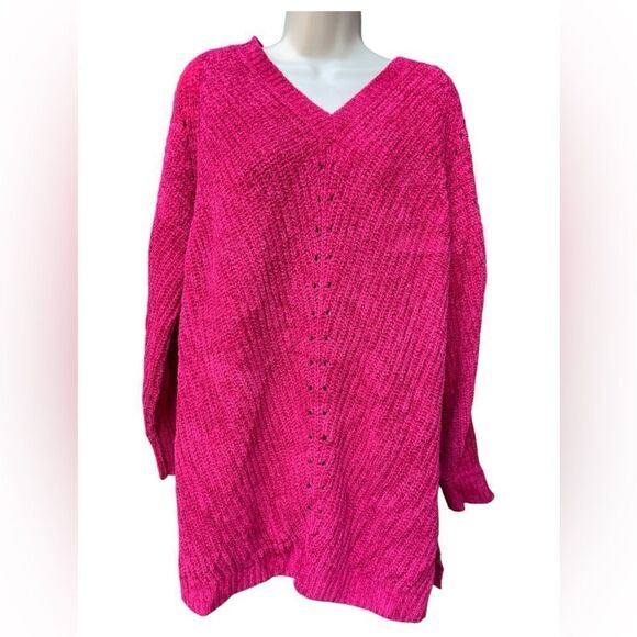LANE BRYANT V-Neck Super Soft fuchsia Pullover Long Sleeve 18/20 Side Slits - Picture 1 of 5